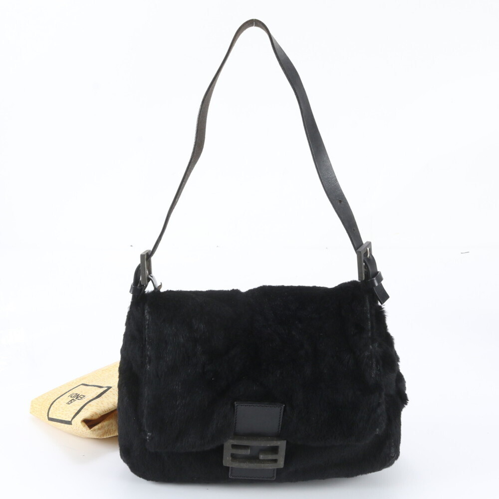 Fendi Fur Mamma Bucket Baguette Leather Shoulder Bag Handbag Black Women's